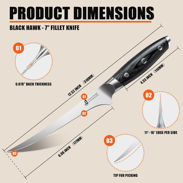 Fillet Knife, 7 Inch Professional Fish Boning Knife for Trimming Meat & Poultry, Flexible Blade, High Carbon German Steel, Full Tang Handle - Black Hawk Series3