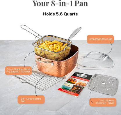 Nonstick Square Deep Frying Pan, 9.5” Large Cooking Pan with Ceramic Nonstick Coating, Deep Fryer Pot with Basket, 4 Pc Titanium Ceramic with Lid, Basket & Steamer Tray, Dishwasher Safe2