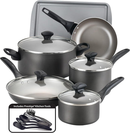 Nonstick Aluminum Pots and Pans Set, 15-Piece | Dishwasher Safe Nonstick Cookware Set with Lids for Everyday Cooking and Easy Cleanup, in Pewter1