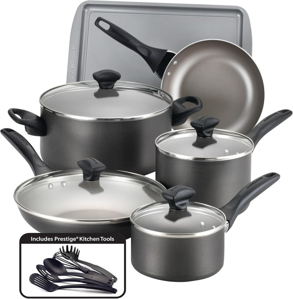 Nonstick Aluminum Pots and Pans Set, 15-Piece | Dishwasher Safe Nonstick Cookware Set with Lids for Everyday Cooking and Easy Cleanup, in Pewter1