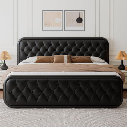 King Size Bed Frame, Upholstered Bed Frame with Faux Leather Headboard, Heavy Duty Platform Bed with Strong Metal Slats, 12 Inch Under-Bed Storage, Noise-Free, Easy Assembly, Matte Black1