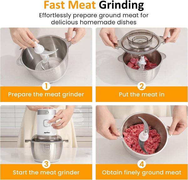 4-IN-1 Food Processor: 350W Electric Meat Grinder, 2 Bi-Layer 4 Blades, 1.8L Stainless Steel Bowl, Juicer, Coffee Grinder, Garlic Peeler, Vegetable Chopper, 2-Speed, 150&350Ml Cups, White6