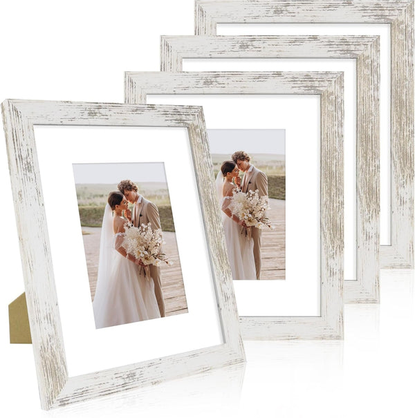 8X10 Picture Frame Set of 4, Made of Real Glass and Distressed White Wooden Frame, 8 by 10 Photo for Wall or Tabletop - Display Picture 5X7 with Mat or 8X10 without Mat1