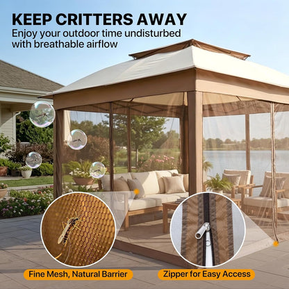 11X11 Pop up Gazebo with Mesh Netting, Instant Outdoor Canopy Tent, Water Resistant Shelter with UPF 50+ UV Protection, 121 Sq Ft Coverage, Beige6