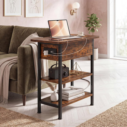 End Table with Charging Station, Flip Top Side Table with USB Ports and Outlets, 3-Tier Small Side Table with Storage for Small Space, End Tables for Living Room/Bedroom, Rustic Brown4