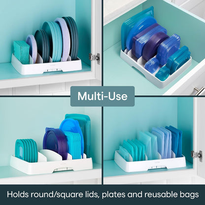 Storalid Food Container Lid Organizer for Kitchen Cabinet Storage with 5 Adjustable Dividers, 10.5''D × 13.4''W × 3.3''H, Large Classic Edition, White7