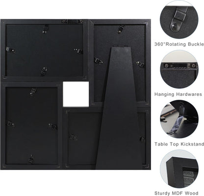 4X6 Picture Frames Collage 1 Pack, 4 Opening Multi Family Photo Collage Frames with Real Glass for Wall Hanging or Tabletop, Black5