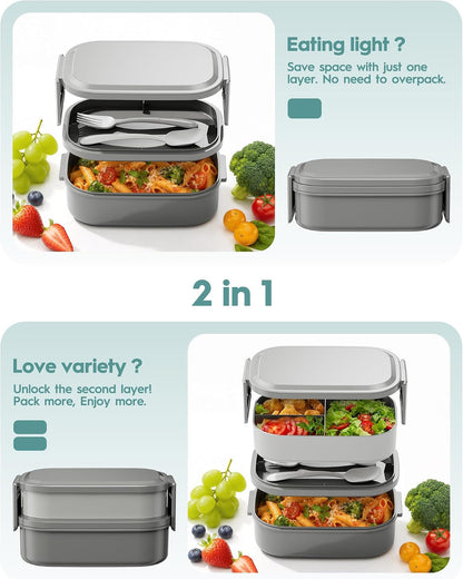 Bento Box Adult Lunch Box, 65 Oz Capacity Lunch Containers(Adjustable 2/3 Tier), Bpa-Free, Leak-Proof and Stackable Bento Lunch Box, Microwave & Dishwasher Safe with Utensils(Gray)2