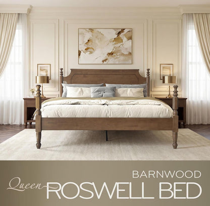 Solid Wood Queen Size Bed Frame with Headboard & Footboard, 12 Strong Slats, Center Metal Legs, Anti-Slip & Noise-Free Design, No Box Spring Needed, Quick Assemble, Barnwood Finish, ROQ-304