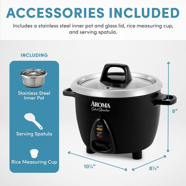 Housewares Select Stainless Rice Cooker & Warmer with Uncoated Inner Pot, 3-Cup(Uncooked)/6-Cup(Cooked)/ 1.2Qt, ARC-753SGB, Black4