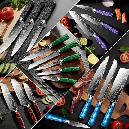10-Piece Premium Japanese Kitchen Knife Set - Star Collection, Laser Damascus Pattern, 440A Stainless Steel Ultra Sharp for Fast Cutting (Blue)9
