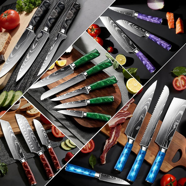10-Piece Premium Japanese Kitchen Knife Set - Star Collection, Laser Damascus Pattern, 440A Stainless Steel Ultra Sharp for Fast Cutting (Blue)9