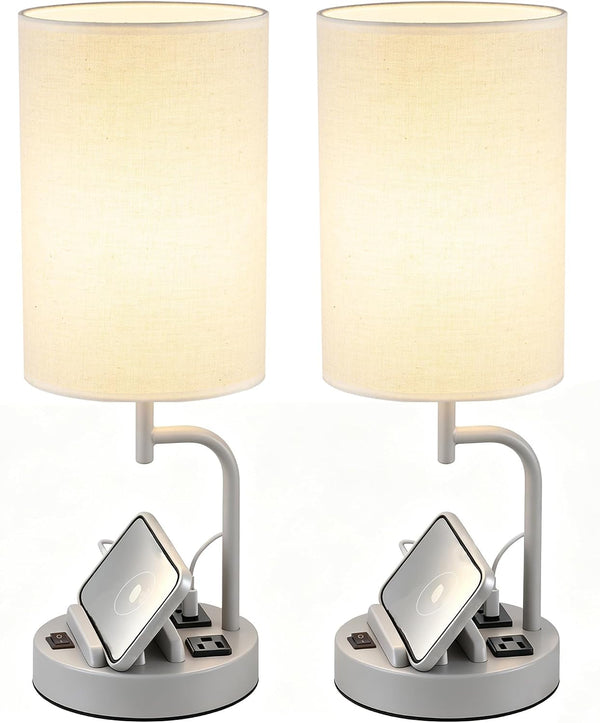2 Pack Table Lamp, Bedside Lamp with 3 USB Charging Ports & AC Outlet, USB Desk Lamp with 2 Phone Holders, Linen Fabric Shade Nightstand Lamps for Bedroom Living Room Office, Gray1
