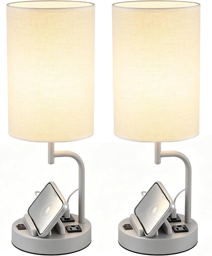 2 Pack Table Lamp, Bedside Lamp with 3 USB Charging Ports & AC Outlet, USB Desk Lamp with 2 Phone Holders, Linen Fabric Shade Nightstand Lamps for Bedroom Living Room Office, Gray1