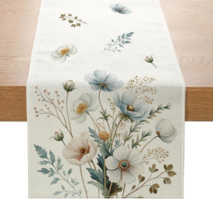 Spring Blue White Floral Table Runner 13X72 Inch Anemone Flowers Leaves Kitchen Dining Table Decoration for Indoor Outdoor Home Party Décor1