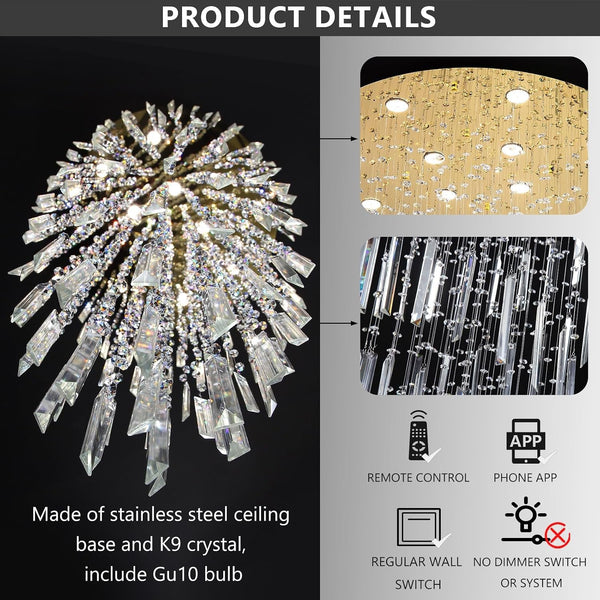 98'' Modern Crystal Chandelier High Ceiling Chandeliers for Entryway Large Raindrop Chandeliers LED Dimmable Flush Mount Light Fixtures for Staircaes Foyer Hallway Living Room LED Bulbs Included Gold4