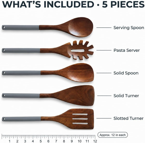 DI ORO Wooden Kitchen Utensil Set - 5 Pc Spoon & Spatula, Dark Grey3