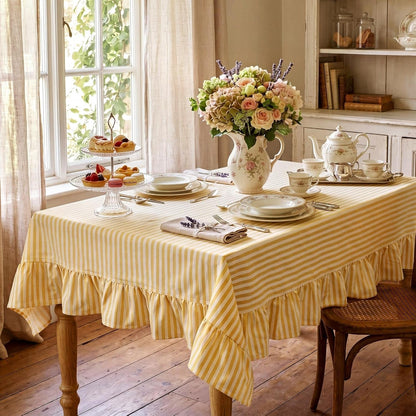 Yellow Striped Ruffled Rectangular Tablecloth 52 X 70 Inches1