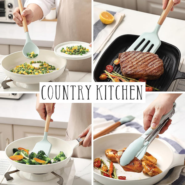 Non Stick Silicone Utensil Set with Rounded Wood Handles for Cooking and Baking, 14 Piece Set, Mint4