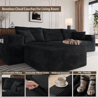 Boneless Sectional Couch Black L Shape Sofa Ottoman with Recliner Bed Memory Foam Modular Cloud No Bones in a Box Boundless Comfort for Living Room Compression Corduroy Fabric Deep Seat Easy Assembly7