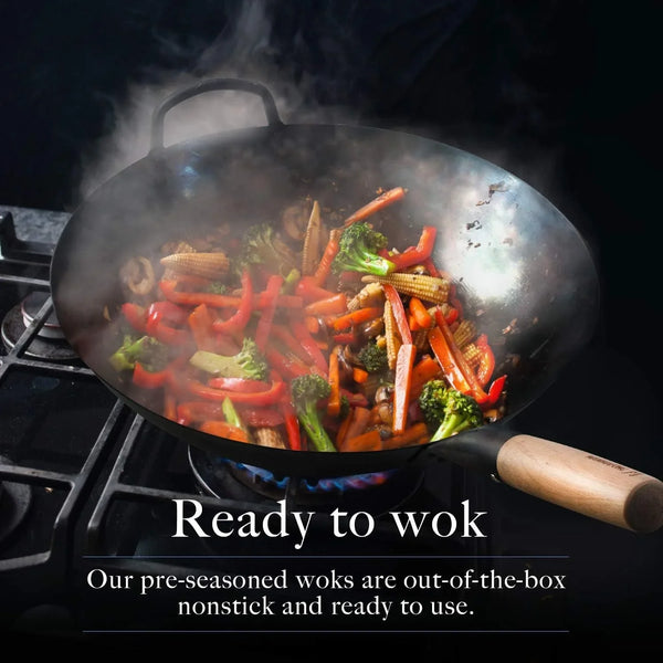 Pre Seasoned Blue Carbon Steel Flat Bottom Wok -14 Inch Chinese Pow Wok - Traditionally Hand Hammered Woks and Stir Fry Pans2