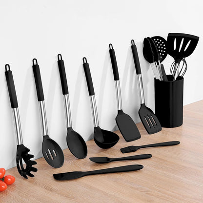 Kitchen Utensils Set, 15 Pcs Silicone Cooking Utensils Set with Holder and Heat Resistant Stainless Steel Handle for Nonstick Cookware - Black9