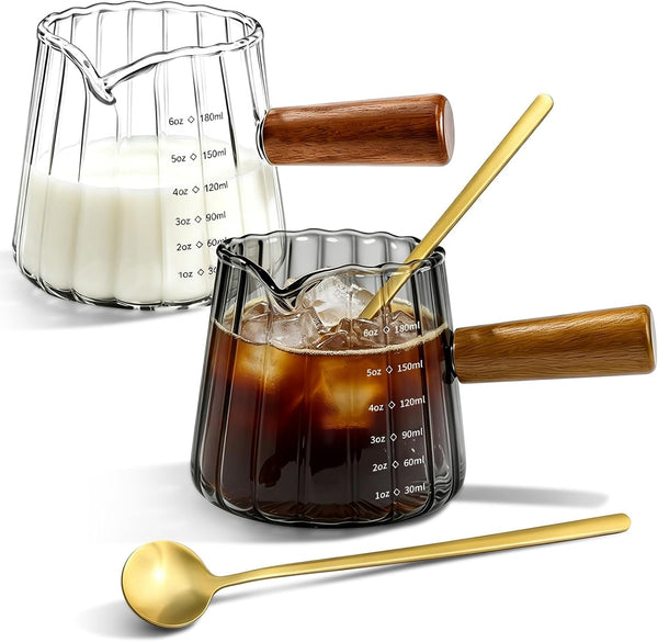2 Pack Espresso Measuring Cups & 2 Spoons, 6Oz Gray & Clear Borosilicate Glass Cups with Wood Handle, V-Shaped Spout Ribbed Milk Frothing Cup for Coffee, Latte, Cappuccino, Tea1