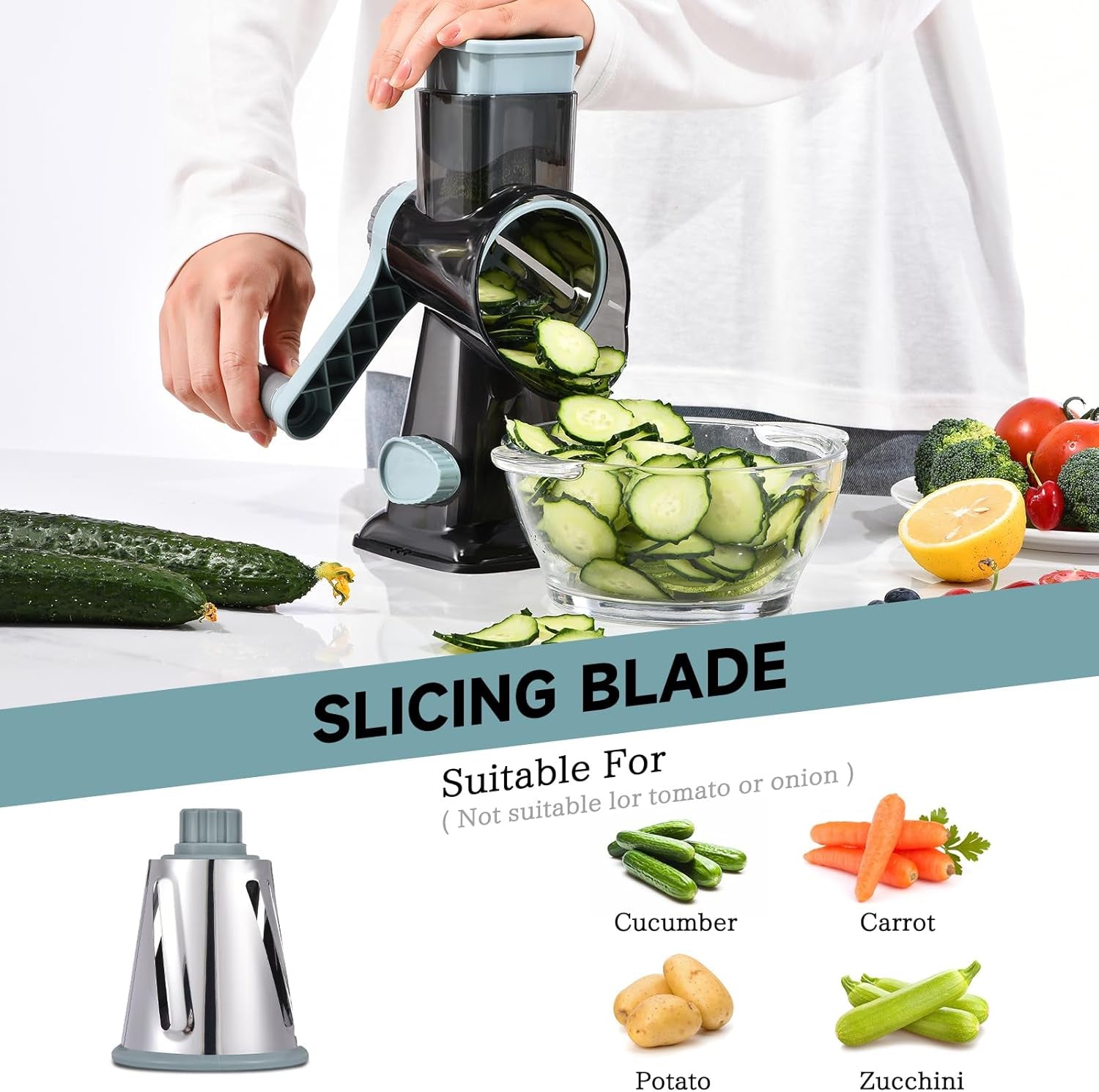 rotary-cheese-grater-with-handle-kitchen-shredder-slicer-grater-slicer-ice-shaver-cheese-vegetable-nuts-potato-zucchini-chocolate-3-interchangeable-blades-greyblue