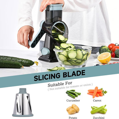 Rotary Cheese Grater with Handle Kitchen Shredder Slicer Grater Slicer Ice Shaver Cheese Vegetable Nuts Potato Zucchini Chocolate 3 Interchangeable Blades (Greyblue4