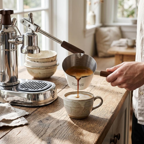 Espresso Measuring Cup with Handle, DV 6.8Oz/200Ml Stainless Steel Espresso Cups with Walnut Wood Handle & Double Spouts, Cream White Coffee Measuring Cup4
