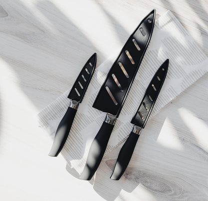 3-Piece Kitchen Knife Set - Black Nonstick Titanium Plated Stainless Steel Ultra Sharp 8 Inch Chef, 5 Inch Utility, 3.5 Inch Paring Cooking Knives with Matching Sheaths2