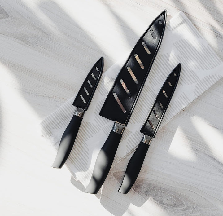 3-Piece Kitchen Knife Set - Black Nonstick Titanium Plated Stainless Steel Ultra Sharp 8 Inch Chef, 5 Inch Utility, 3.5 Inch Paring Cooking Knives with Matching Sheaths+2