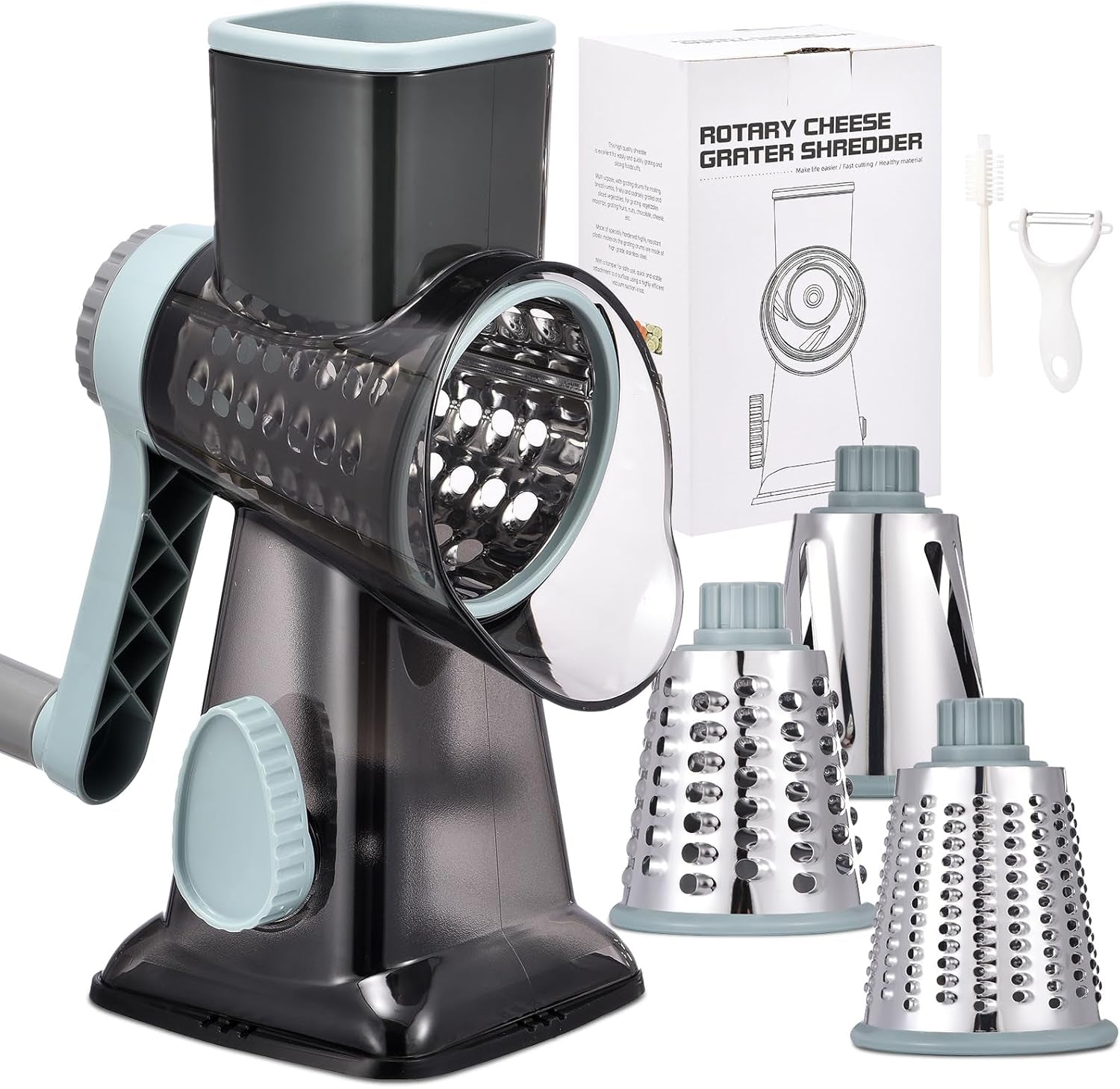 rotary-cheese-grater-with-handle-kitchen-shredder-slicer-grater-slicer-ice-shaver-cheese-vegetable-nuts-potato-zucchini-chocolate-3-interchangeable-blades-greyblue