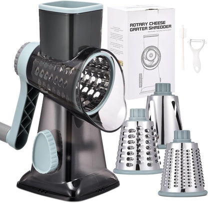 Rotary Cheese Grater with Handle Kitchen Shredder Slicer Grater Slicer Ice Shaver Cheese Vegetable Nuts Potato Zucchini Chocolate 3 Interchangeable Blades (Greyblue1