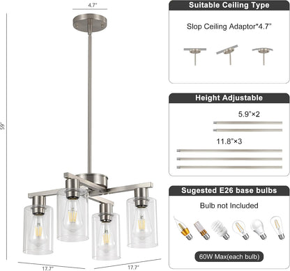 4-Light Brushed Nickel Dining Room Chandelier, Modern Glass Pendant Light6