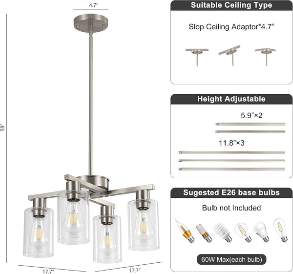 4-Light Brushed Nickel Dining Room Chandelier, Modern Glass Pendant Light6