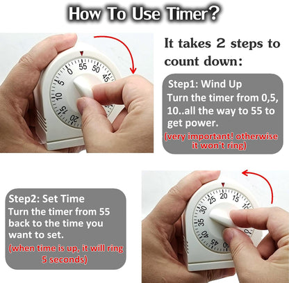 60 Minute Wind up Timer, Visual Mechanical Timer with Loud Alarm, Manual Countdown Timers for Classroom, Home, Study and Cooking (White)3