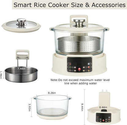 Low Sugar Rice Cooker - Multifunctional Low Carb Rice Cooke R with Auto-Lift Basket, Preset &Timer, Smart Glass Rice Cooker with Steaming, Boiling and Hotpot in One (White)2