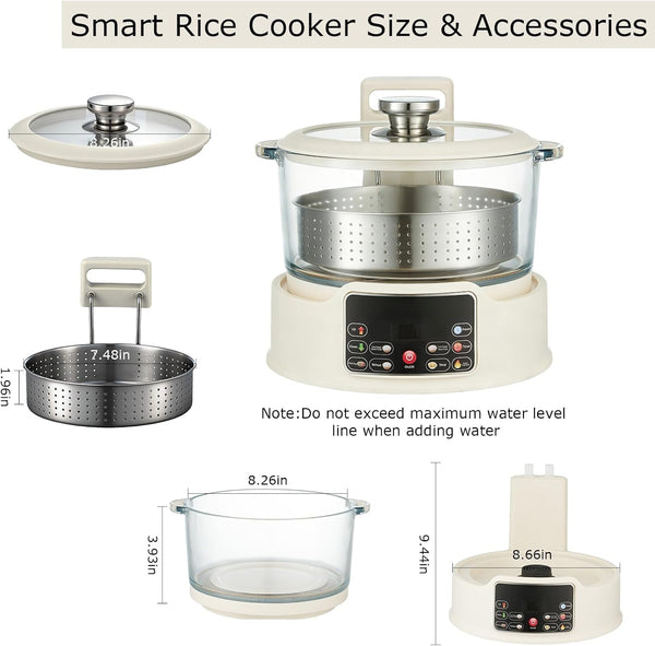 Low Sugar Rice Cooker - Multifunctional Low Carb Rice Cooke R with Auto-Lift Basket, Preset &Timer, Smart Glass Rice Cooker with Steaming, Boiling and Hotpot in One (White)2