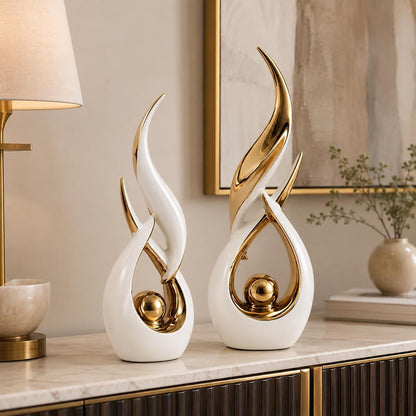 2 PCS White Gold Ceramic Statues for Home Decor Accents, Modern Abstract Art Sculptures, Elegant Tabletop Decorative Objects for Dining Room, Entryway, Tv Stand, Mantel, Coffee Table Centerpieces8