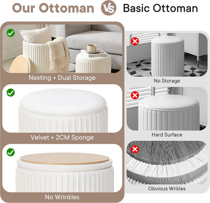 round Ottomans with Storage, Vanity Stool, Foot Stool, Set of 2 | 14.57"D X 18.11"H and 12.60"D X 14.96"H, Velvet Ottoman for Living Room, Bedroom, Dorm, Beige7