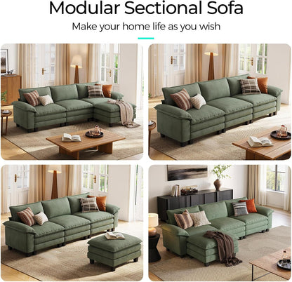 123'' Modular Sectional Sofa 3 Seat Couch Corduroy Cloud Couch with Deep Seat, Modern L-Shaped Cloud Couch with 1 Movable Ottoman for Living Room, Office, Bedroom, Green6