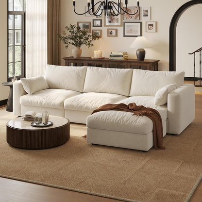99" Cloud Modular Sectional Sofa with Storage, L‑Shaped Couch with Movable Ottoman, 4 Seater Oversized Cloud Sofa for Living Room, Chenille Fabric, Solid Wood Frame, Tool‑Free Assembly, Beige1