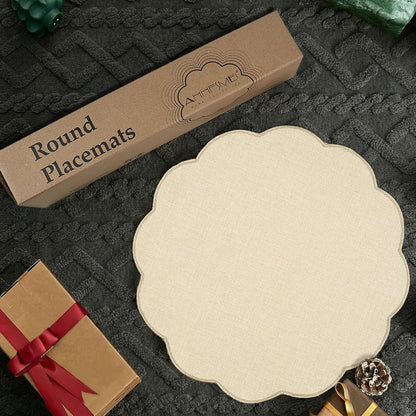 round Faux Linen Placemats Set of 6 Waterproof Table Mats Heat Resistant Non-Slip and Stain Proof for Kitchen Dining Elegant Decor (Beige,6)6