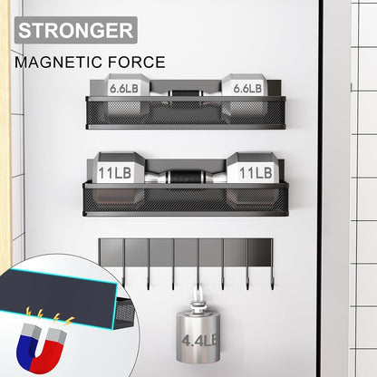 Magnetic Spice Rack for Refrigerator, 5 Pack Magnetic Shelf, Moveable Magnetic Fridge Organizer with an 8-Hook Rack, Seasoning Organizer for Kitchen Organization (Extra with 8 Hooks)3