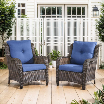 High Back Patio Chairs Set of 2 - Brown Wicker Chairs Outdoor Seating, 4" Wide Armrests Rattan Outdoor Club Chair with Blue Removable Cushion for Deck Porch Backyard1