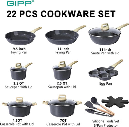 Ceramic Pots and Pans Set Non Stick - 22Pcs Nonstick Cookware Set, Non-Toxic Healthy Kitchen Cooking Set W/Frying Pans Set, Dishwasher Safe, PFAS PTFE PFOA PFOS Free, Dark Gray3