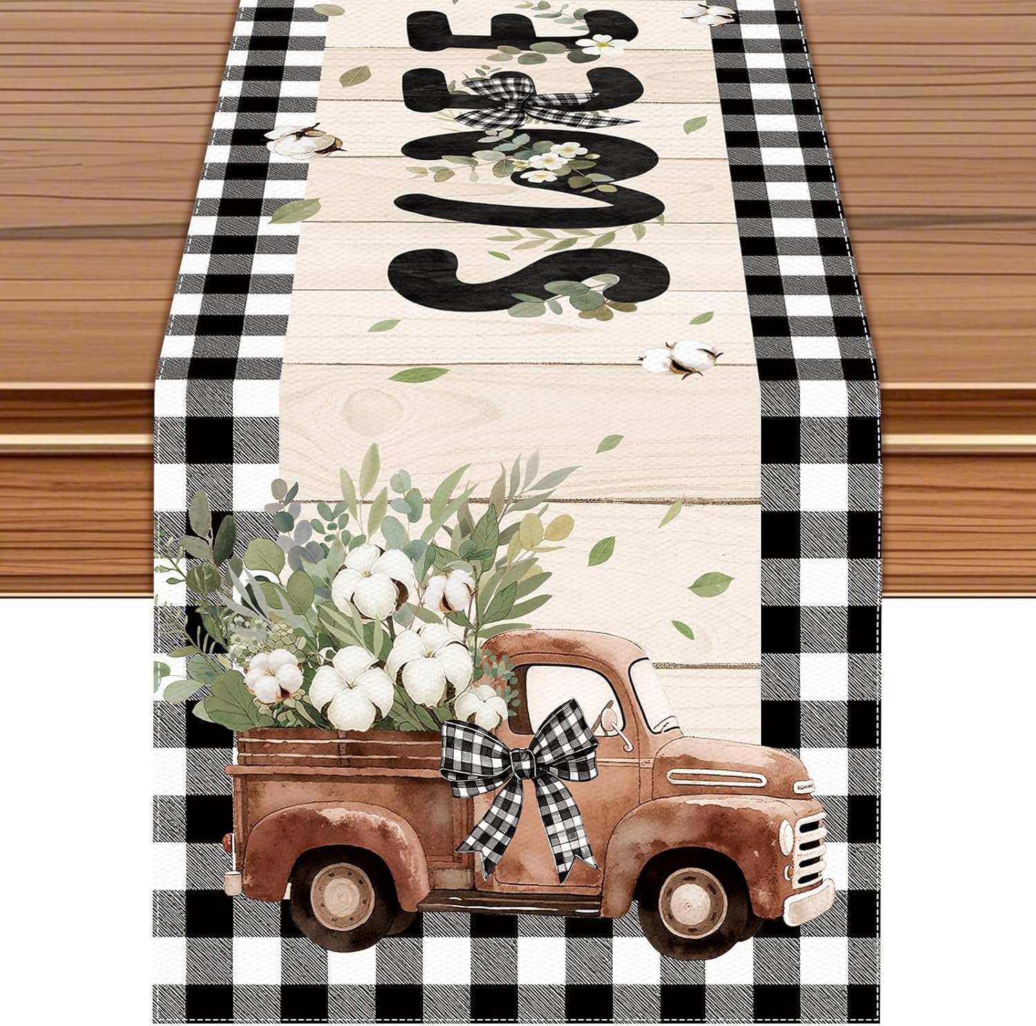 farmhouse-buffalo-plaid-table-runner-vintage-truck-cotton-13-x-72-inches
