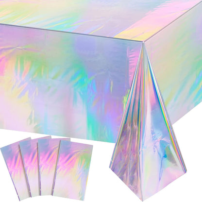 4 Pack Iridescent Plastic Tablecloths, Disposable Table Covers | Shiny Laser Rectangle Holographic Foil Tablecloth for Iridescent Birthday Party Supplies Decorations1