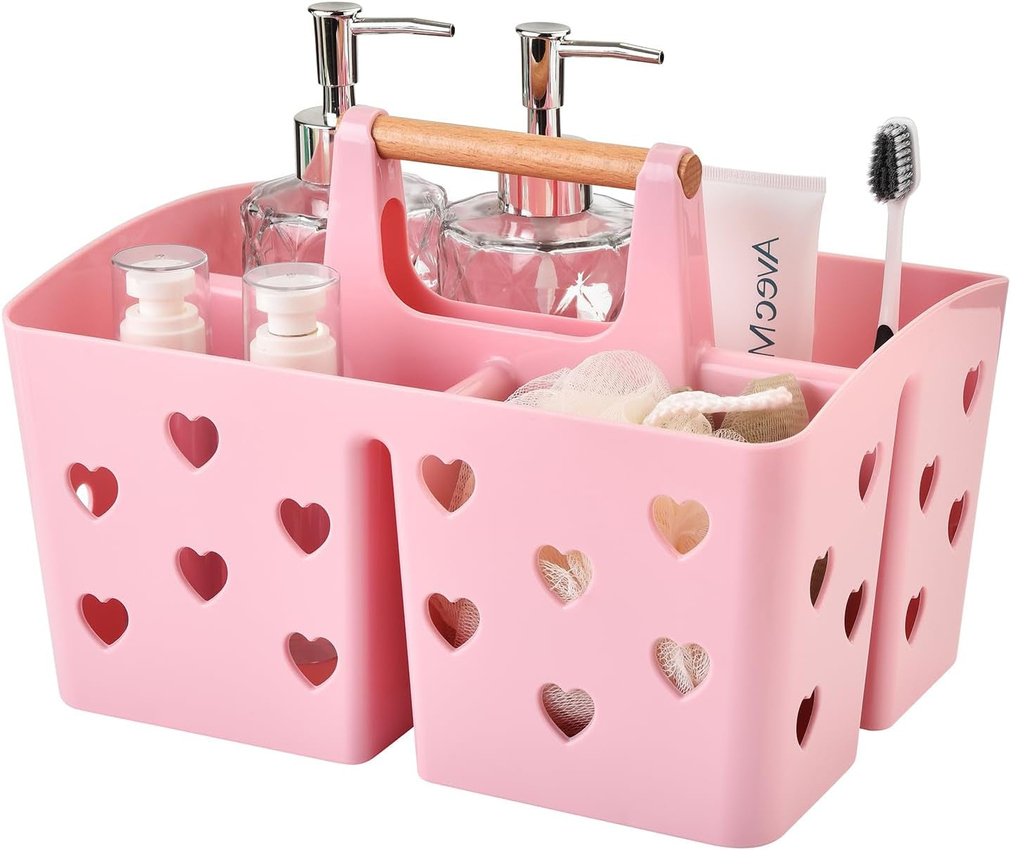 pink-portable-shower-caddy-plastic-basket-organizer-with-wooden-handle